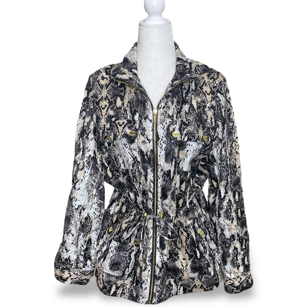 Calvin Klein Linen Lightweight Jacket Snake Animal Print Roll Tab Sleeve Sz L - Picture 2 of 12